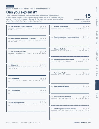 Page 14 of the EKG Technician — Cram Sheet (2026) PDF: RECALL NUMBERS C O N C E P T S E L F - T E S T · S H E E T 1 O F 5 · I N T E R P R E TAT I O N Can you explain it? These rules carry no figure to blank, and…