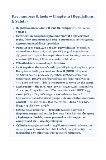 Page 39 of the EPA 608 Universal Study Guide (2026) — Core + Type I/II/III, with the 2027 A2L update PDF — Part I — Cylinder and DOT detail: Key numbers & facts — Chapter 2 (Regulations & Safety) Regulation home: 40 CFR Part 82, Subpart F; certification §82.161. Certification does not expire; no…