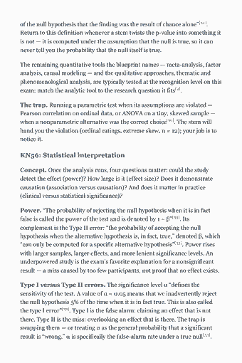 Trang 116 của PDF EPPP Part 1 Study Guide — 2026 Edition — Chapter 7: Research methods and statistics: of the null hypothesis that the finding was the result of chance alone”[34]. Return to this definition whenever a stem twists the p-value into something it is…