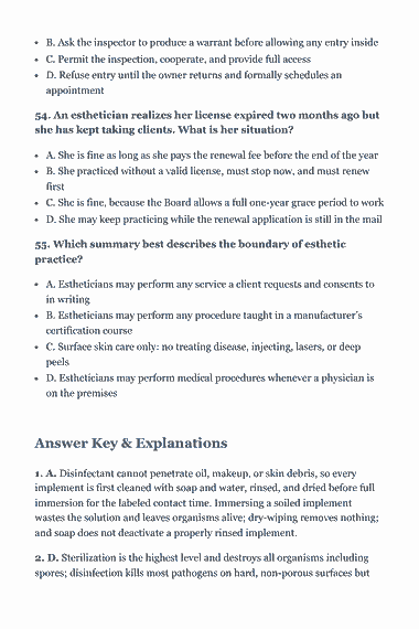 Page 38 of the Esthetician State Board Exam — Complete Study Guide (2026) PDF — Practice Exam (55 Questions): B. Ask the inspector to produce a warrant before allowing any entry inside C. Permit the inspection, cooperate, and provide full access D. Refuse entry until…