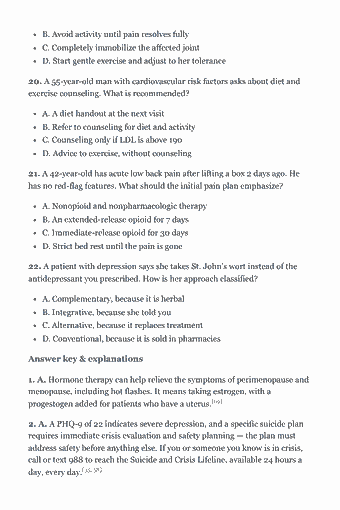Page 46 of the AANP FNP Study Guide — 2026 Edition PDF — Chapter 3 — Plan: B. Avoid activity until pain resolves fully C. Completely immobilize the affected joint D. Start gentle exercise and adjust to her tolerance 20. A 55-year-old…