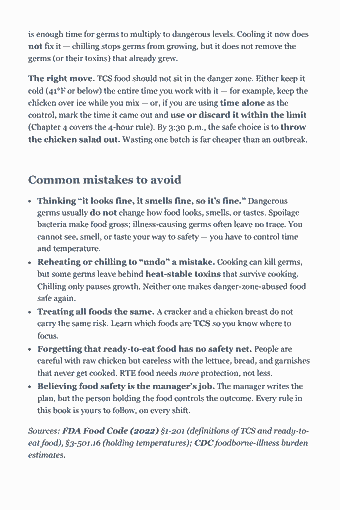 Page 13 of the Food Handler Card — Complete Study Guide (2026) PDF — 1. Basic Food Safety — and Why It Matters: is enough time for germs to multiply to dangerous levels. Cooling it now does not fix it — chilling stops germs from growing, but it does not remove the germs…