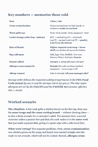 Page 23 of the Food Handler Card — Complete Study Guide (2026) PDF — 3. Cross-Contamination and Allergens: Key numbers — memorize these cold Item Value / rule Cross-contamination Germs moving from raw food, hands, or surfaces to ready-to-eat food Three pathways…