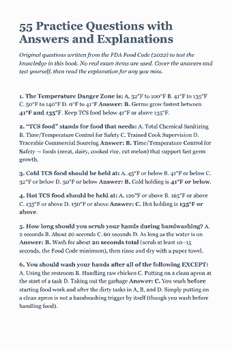 Page 51 of the Food Handler Card — Complete Study Guide (2026) PDF — 8. Illness Reporting — When to Stay Home: 55 Practice Questions with Answers and Explanations Original questions written from the FDA Food Code (2022) to test the knowledge in this book. No real exam…