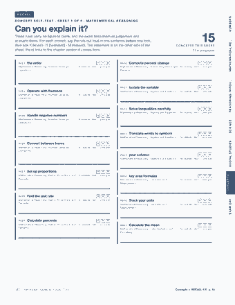 Page 10 of the GED — Cram Sheet (2026) PDF: RECALL NUMBERS C O N C E P T S E L F - T E S T · S H E E T 1 O F 5 · M AT H E M AT I C A L R E A S O N I N G Can you explain it? These rules carry no figure to…