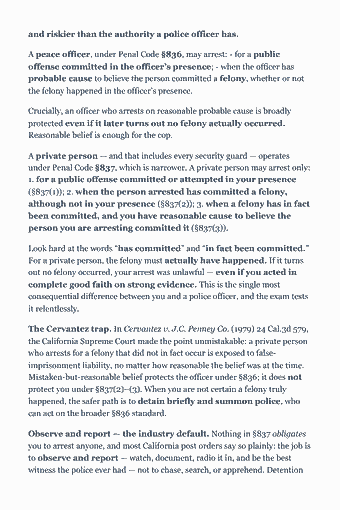 Page 12 of the California Guard Card — Complete Study Guide (2026) PDF — Chapter 1 — Powers to Arrest: and riskier than the authority a police officer has. A peace officer, under Penal Code §836, may arrest: - for a public offense committed in the officer’s…