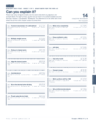 Page 14 of the HESI A2 Admission Assessment — Cram Sheet (2026) PDF: RECALL NUMBERS C O N C E P T S E L F - T E S T · S H E E T 1 O F 5 · B A S I C M AT H F O R T H E H E S I A 2 Can you explain it? These rules carry no figure…