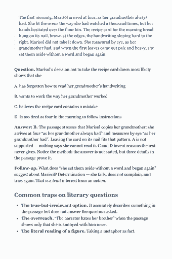 Page 20 of the HiSET Study Guide — 2026 Edition PDF — Chapter 1 — Reading Literary Texts: The first morning, Marisol arrived at four, as her grandmother always had. She lit the ovens the way she had watched a thousand times, but her hands hesitated…
