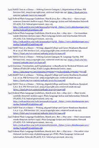 Page 363 of the HiSET Study Guide — 2026 Edition PDF — Appendix D — Test-day checklist Before test day: [42] HiSET Test at a Glance — Writing Content Category I, Organization of Ideas. PSI Services LLC, 2025 (copyright year; retrieved 2026-09-24).…