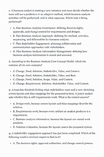 Page 13 of the CBAP Study Guide — 2026 Edition PDF — Chapter 1 — Business Analysis Planning and Monitoring: 1. A business analyst is starting a new initiative and must decide whether the team will use a predictive or an adaptive method, which business analysis…