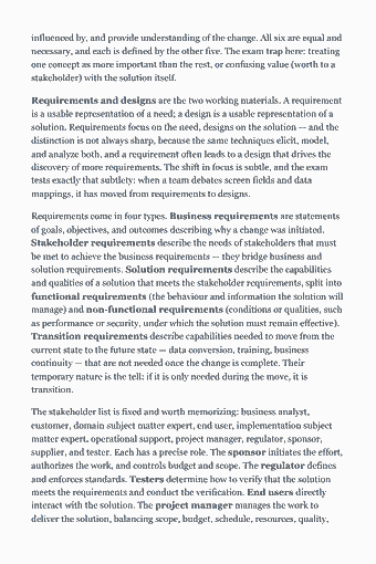 Page 8 of the CBAP Study Guide — 2026 Edition PDF — Chapter 1 — Business Analysis Planning and Monitoring: influenced by, and provide understanding of the change. All six are equal and necessary, and each is defined by the other five. The exam trap here: treating…