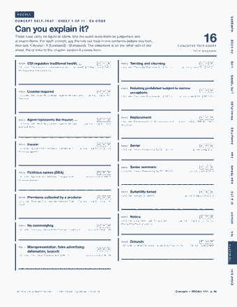 Page 48 of the California Life & Health Insurance Producer — Cram Sheet (2026) PDF: RECALL NUMBERS CONCEPT SELF-TEST · SHEET 1 OF 11 · CA CODE Can you explain it? These rules carry no figure to blank, and the exam tests them as judgement and…