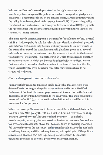 Page 109 of the Life & Health Insurance Producer — Complete Study Guide (2026) PDF — Chapter 10 — Federal Tax Treatment of Life, Annuities, and Health Benefits: held any incidents of ownership at death — the right to change the beneficiary, borrow against the policy, surrender it, assign it, or pledge it as collateral.…