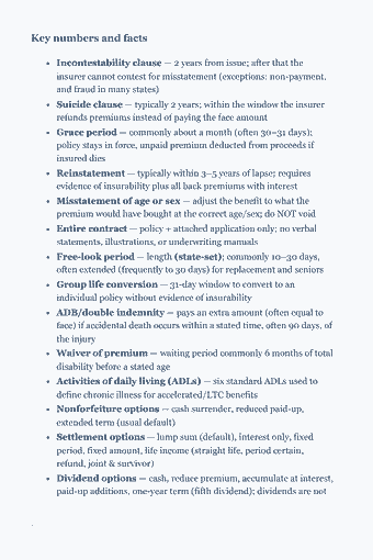 Page 53 of the Life & Health Insurance Producer — Complete Study Guide (2026) PDF — Chapter 4 — Life Policy Provisions, Options, and Riders: Key numbers and facts Incontestability clause — 2 years from issue; after that the insurer cannot contest for misstatement (exceptions: non-payment, and fraud…