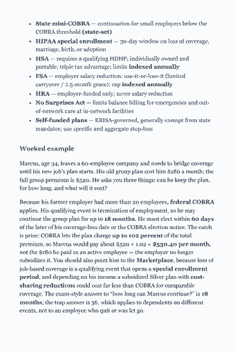Page 75 of the Life & Health Insurance Producer — Complete Study Guide (2026) PDF — Chapter 6 — Accident and Health Insurance Fundamentals: State mini-COBRA — continuation for small employers below the COBRA threshold (state-set) HIPAA special enrollment — 30-day window on loss of coverage,…