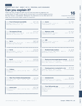 Page 40 of the California Personal Lines Insurance Producer — Cram Sheet (2026) PDF: RECALL NUMBERS CONCEPT SELF-TEST · SHEET 1 OF 10 · PERSONAL AUTO INSURANCE Can you explain it? These rules carry no figure to blank, and the exam tests them as…