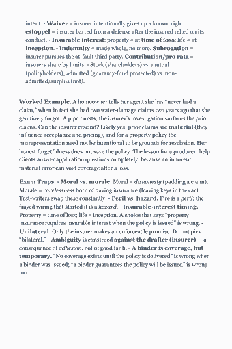Page 13 of the Personal Lines Insurance Producer — Complete Study Guide (2026) PDF — Chapter 1 — General Insurance Principles: intent. - Waiver = insurer intentionally gives up a known right; estoppel = insurer barred from a defense after the insured relied on its conduct. - Insurable…