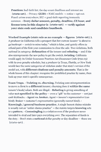 Page 19 of the Personal Lines Insurance Producer — Complete Study Guide (2026) PDF — Chapter 2 — Insurance Regulation, Licensing & Producer Ethics: Practices: bad-faith list; the day-count deadlines and interest are [state-set] . - Privacy: GLBA + NAIC models → notice + opt-out. Fraud: crime everywhere;…