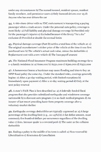 Page 63 of the Personal Lines Insurance Producer — Complete Study Guide (2026) PDF — Practice Exam — 55 Questions: under any circumstances b) The named insured, resident spouse, resident family members, and permissive users c) Only licensed drivers over 25 d) Anyone who has…