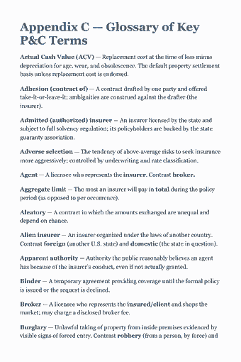 Page 117 of the Property & Casualty Insurance Producer — Complete Study Guide (2026) PDF — Appendix C — Glossary of Key P&C Terms: Appendix C — Glossary of Key P&C Terms Actual Cash Value (ACV) — Replacement cost at the time of loss minus depreciation for age, wear, and obsolescence. The…