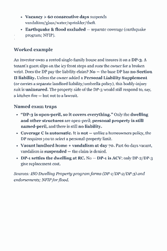 Page 39 of the Property & Casualty Insurance Producer — Complete Study Guide (2026) PDF — Chapter 4 — The Dwelling Policy (DP): Vacancy > 60 consecutive days suspends vandalism/glass/water/sprinkler/theft. Earthquake & flood excluded — separate coverage (earthquake program; NFIP).…