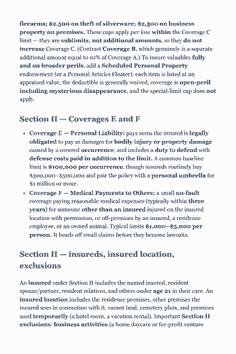 Page 42 of the Property & Casualty Insurance Producer — Complete Study Guide (2026) PDF — Section II — insureds, insured location, exclusions: firearms; $2,500 on theft of silverware; $2,500 on business property on premises. These caps apply per loss within the Coverage C limit — they are sublimits,…