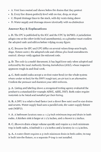 Page 52 of the Journeyman Plumber — IPC & UPC Study Guide (2026) PDF — Chapter 10 — Isometrics and Plan Reading: A. Vent lines routed and shown below the drains that they protect B. Every line drawn perfectly level with no rise, drop, or slope C. Sloped drainage lines to…