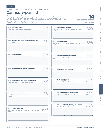 Page 14 of the California Manicurist / Nail Technician — Cram Sheet (2026) PDF: RECALL NUMBERS CONCEPT SELF-TEST · SHEET 1 OF 8 · SALON SAFETY Can you explain it? These rules carry no figure to blank, and the exam tests them as judgement…