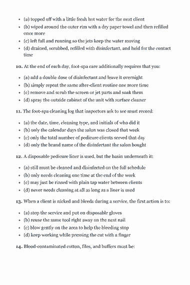 Page 46 of the Manicurist / Nail Technician State Board Exam — Complete Study Guide (2026) PDF — Practice Exam — 55 Questions: (a) topped off with a little fresh hot water for the next client (b) wiped around the outer rim with a dry paper towel and then refilled once more (c) left…
