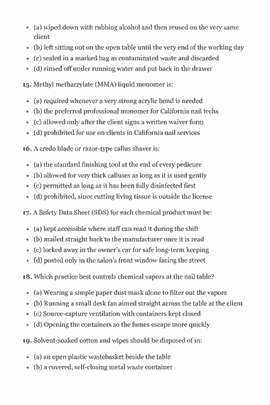 Page 47 of the Manicurist / Nail Technician State Board Exam — Complete Study Guide (2026) PDF — Practice Exam — 55 Questions: (a) wiped down with rubbing alcohol and then reused on the very same client (b) left sitting out on the open table until the very end of the working day (c)…