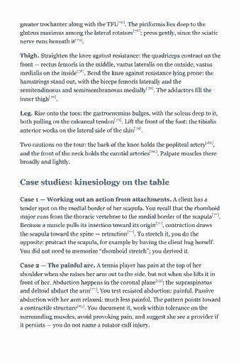 Page 58 of the MBLEx Study Guide — 2026 Edition PDF — Chapter 2 — Kinesiology (12%): greater trochanter along with the TFL[78]. The piriformis lies deep to the gluteus maximus among the lateral rotators[78]; press gently, since the sciatic…