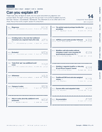 Page 10 of the Medical Billing & Coding — Cram Sheet (2026) PDF: RECALL NUMBERS CONCEPT SELF-TEST · SHEET 1 OF 4 · HCPCS Can you explain it? These rules carry no figure to blank, and the exam tests them as judgement and…