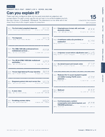 Page 12 of the Medical Billing & Coding — Cram Sheet (2026) PDF: RECALL NUMBERS CONCEPT SELF-TEST · SHEET 2 OF 4 · HCPCS, BILLING Can you explain it? These rules carry no figure to blank, and the exam tests them as judgement…