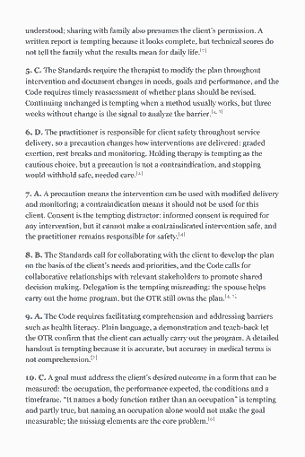 Page 23 of the NBCOT OTR Study Guide — 2026 Edition PDF — Chapter 2 — Analysis, Interpretation, and Planning: understood; sharing with family also presumes the client’s permission. A written report is tempting because it looks complete, but technical scores do not tell…