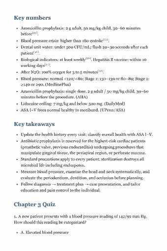 Page 31 of the NBDHE Study Guide — 2026 Edition PDF — Chapter 3 Quiz: Key numbers Amoxicillin prophylaxis: 2 g adult, 50 mg/kg child, 30–60 minutes before[22]. Blood pressure crisis: higher than 180 systolic[25]. Dental unit…