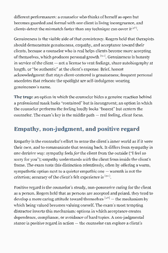 Página 128 del PDF de NCE Study Guide — 2026 Edition — Chapter 8: Core Counseling Attributes: different performances: a counselor who thinks of herself as open but becomes guarded and formal with one client is living incongruence, and clients detect the…