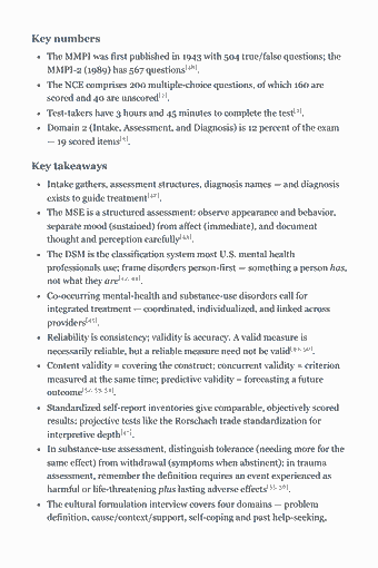 Página 29 del PDF de NCE Study Guide — 2026 Edition — Chapter 2: Intake, Assessment, and Diagnosis: Key numbers The MMPI was first published in 1943 with 504 true/false questions; the MMPI-2 (1989) has 567 questions[48]. The NCE comprises 200 multiple-choice…