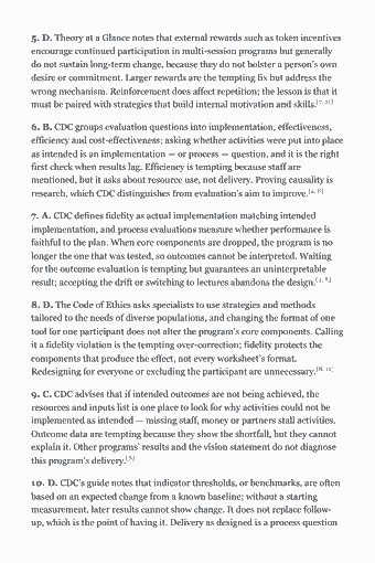 Page 45 of the CHES Study Guide — 2026 Edition PDF — Chapter 3 Quiz: 5. D. Theory at a Glance notes that external rewards such as token incentives encourage continued participation in multi-session programs but generally do not…