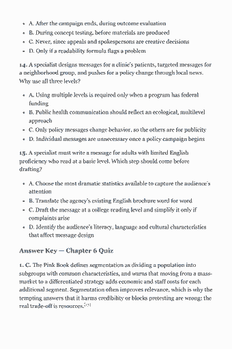 Page 74 of the CHES Study Guide — 2026 Edition PDF — Chapter 6 Quiz: A. After the campaign ends, during outcome evaluation B. During concept testing, before materials are produced C. Never, since appeals and spokespersons are…