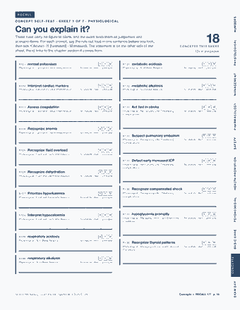 Page 18 of the NCLEX-RN Nursing Licensure — Cram Sheet (2026) PDF: RECALL NUMBERS CONCEPT SELF-TEST · SHEET 1 OF 7 · PHYSIOLOGICAL Can you explain it? These rules carry no figure to blank, and the exam tests them as judgement…