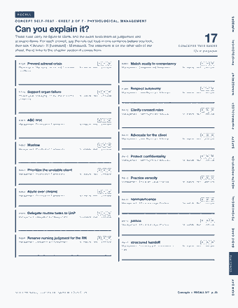 Page 20 of the NCLEX-RN Nursing Licensure — Cram Sheet (2026) PDF: RECALL NUMBERS CONCEPT SELF-TEST · SHEET 2 OF 7 · PHYSIOLOGICAL, MANAGEMENT Can you explain it? These rules carry no figure to blank, and the exam tests them…
