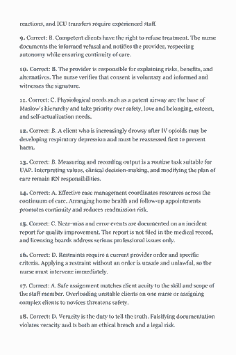 Page 94 of the NCLEX-RN Exam — Complete Study Guide (2026) PDF — Answer Key & Explanations: reactions, and ICU transfers require experienced staff. 9. Correct: B. Competent clients have the right to refuse treatment. The nurse documents the informed…