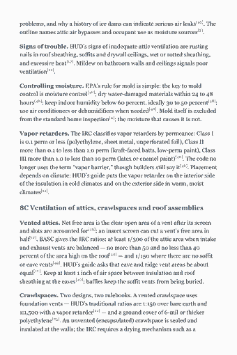 Page 78 of the NHIE Study Guide — 2026 Edition PDF — Chapter 6 — Insulation, Moisture, Ventilation and Exhaust (Domain 1, Tasks 8–9): problems, and why a history of ice dams can indicate serious air leaks[46]. The outline names attic air bypasses and occupant use as moisture sources[2]. Signs…