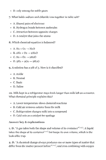 Page 166 of the NLN NEX Study Guide — 2026 Edition PDF — Chapter 11 — Chemistry (Science): D. only among the noble gases 7. What holds sodium and chloride ions together in table salt? A. Shared pairs of electrons B. Hydrogen bonds between molecules…