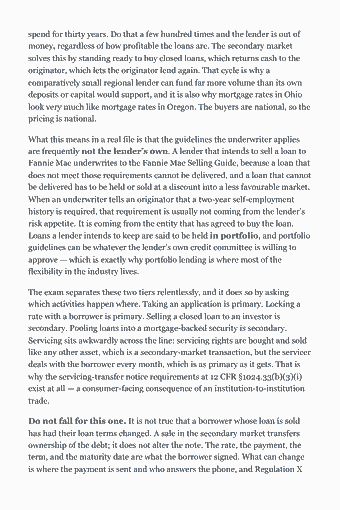 Page 147 of the NMLS SAFE MLO — Complete Study Guide (2026) PDF — Part X — The Loan Estimate and the Closing Disclosure, page by page: spend for thirty years. Do that a few hundred times and the lender is out of money, regardless of how profitable the loans are. The secondary market solves…