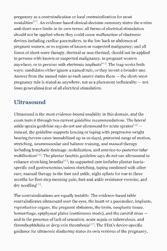 Page 186 of the NPTE-PT Study Guide — 2026 Edition PDF — Chapter 13 — Therapeutic Modalities: pregnancy as a contraindication or local contraindication for most modalities[57]. An evidence-based clinical-decision summary states the e-stim and short-wave…
