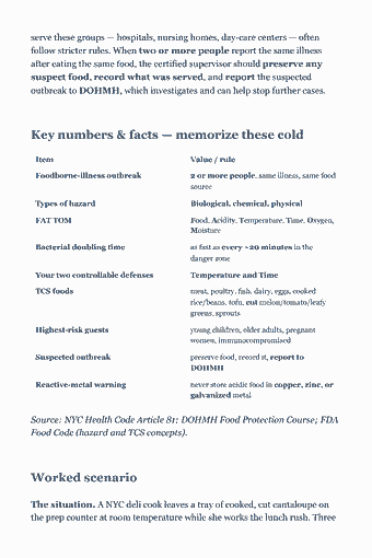 Page 10 of the NYC Food Protection Certificate — Complete Study Guide (2026) PDF: serve these groups — hospitals, nursing homes, day-care centers — often follow stricter rules. When two or more people report the same illness after eating the…