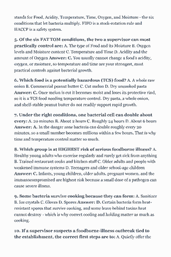 Page 39 of the NYC Food Protection Certificate — Complete Study Guide (2026) PDF: stands for Food, Acidity, Temperature, Time, Oxygen, and Moisture - the six conditions that let bacteria multiply. FIFO is a stock-rotation rule and HACCP is a…
