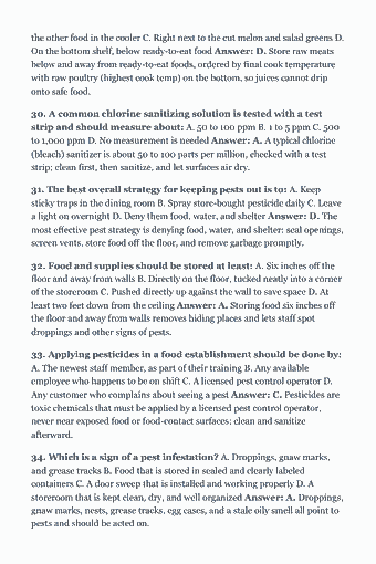 Page 43 of the NYC Food Protection Certificate — Complete Study Guide (2026) PDF: the other food in the cooler C. Right next to the cut melon and salad greens D. On the bottom shelf, below ready-to-eat food Answer: D. Store raw meats below…