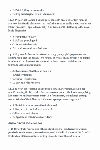 Page 41 of the PANCE Study Guide — 2026 Edition PDF — Chapter 2. Dermatologic System Psoriasis: C. Patch testing in two weeks D. Stop lamotrigine; admit to burn unit 13. A 55-year-old woman has had painful mouth erosions for two months. She now has…